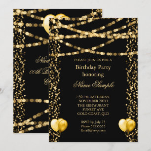 Invitation Balloons Noir Anniversaire Or Pailletés Faux Feuil
