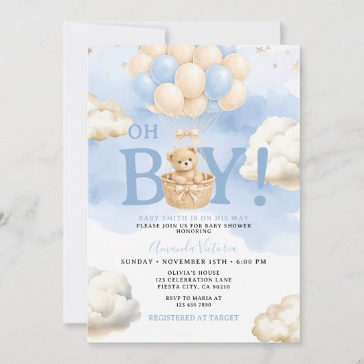 Invitation Balloons Nuage Ours Bleu Baby Shower (Devant)