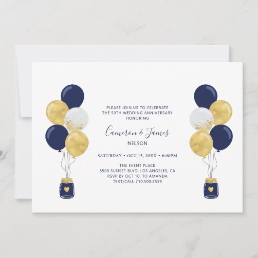 Invitation Balloons Or et Marine 50e Anniversaire de Mariage (Devant)