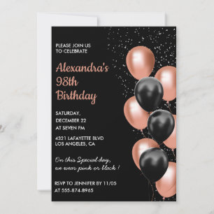 Invitation Balloons or rose en or noir 98e anniversaire