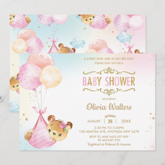 Invitation Balloons Ours Mignonnes Whimsical Baby shower Fill (Devant / Derrière)