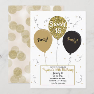 Invitation Balloons Pailletés Or Fête d'Anniversaire Sweet 16