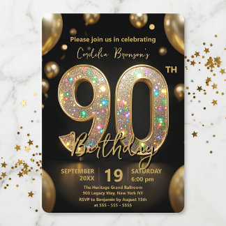 Invitation Balloons Pailletés Or Noir Élégants 90e Anniversai