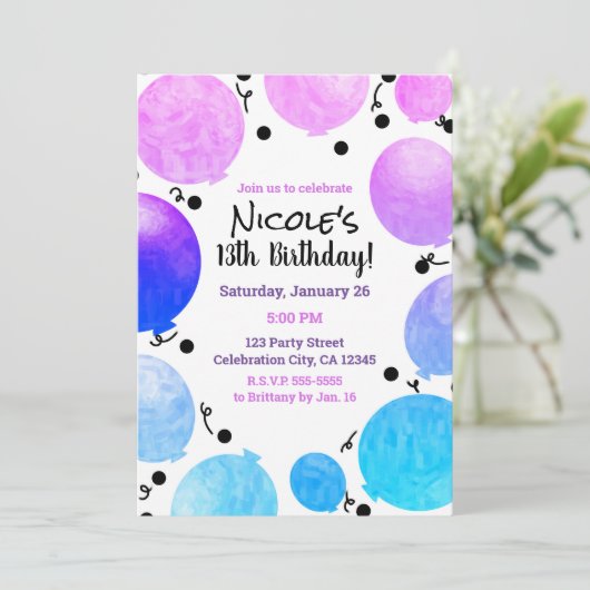 Invitation Balloons Pastel Rose violet Anniversaire (Debout devant)