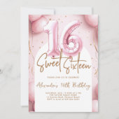 Invitation Balloons Pink Gold Arch Calligraphie Sweet 16 (Devant)