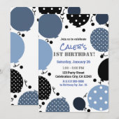 Invitation Balloons pois bleus et noirs pour fête d'anniversa (Devant / Derrière)