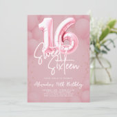 Invitation Balloons Rose Blush Moderne Calligraphie Sweet 16 (Debout devant)
