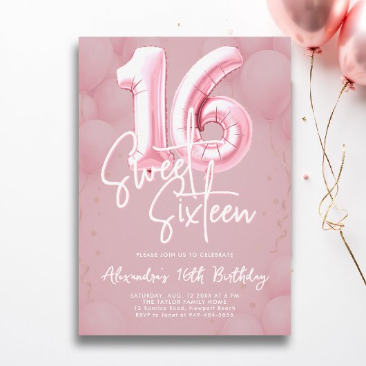 Invitation Balloons Rose Blush Moderne Calligraphie Sweet 16