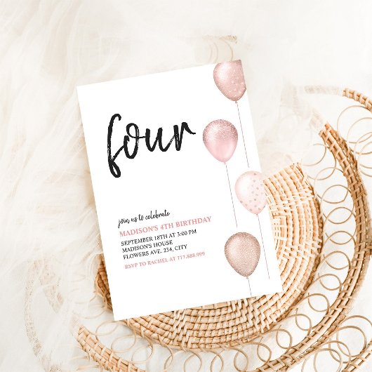 Invitation Balloons rose Fille Simple 4e anniversaire