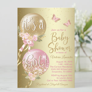 Invitation Balloons Rose Gold Fête de Naissance Papillon