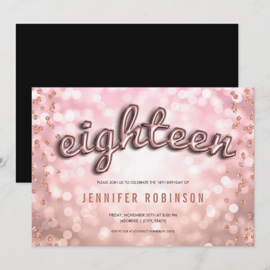 Invitation Balloons Rose Gold Poudré Anniversaire 18 Ans Pail (Devant / Derrière)
