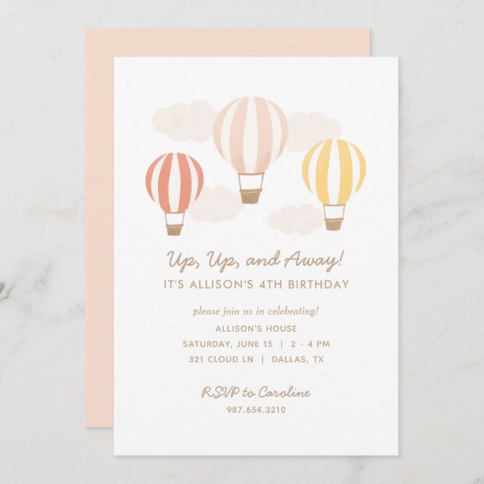 Invitation Balloons Rose Hot Air Fille Anniversaire (Devant / Derrière)