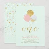 Invitation Balloons rose, Menthe & Or 1ère Fille Anniversaire (Devant / Derrière)