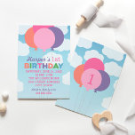 Invitation Balloons rose moderne Première fête d'anniversaire<br><div class="desc">Colorful round balloons in a bouquet and a bright blue summer sky decorate these stylish birthday party invitations. Designed for a girl's birthday,  the colors include vibrant shades of pink,  purple,  coral,  green and blue.</div>