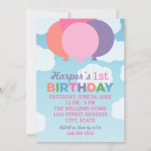 Invitation Balloons rose moderne Première fête d'anniversaire (Devant)