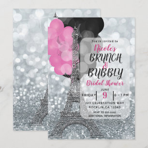 Invitation Balloons Rose Noir Pailleté Argent Tour Eiffel