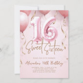 Invitation Balloons Rose Or Moderne Calligraphie Sweet 16 (Devant)