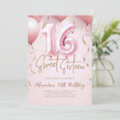 Invitation Balloons Rose Or Moderne Calligraphie Sweet 16 (Debout devant)