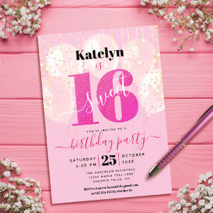Invitation Balloons Rose Pailletés Anniversaire 16 Ans Chic F