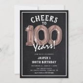 Invitation Balloons RoseGold Tableau Noir Rustique 100e Anniv (Devant)