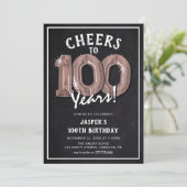 Invitation Balloons RoseGold Tableau Noir Rustique 100e Anniv (Debout devant)