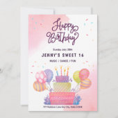 Invitation Balloons Roses Aquarelle Anniversaire 16 Ans  (Devant)