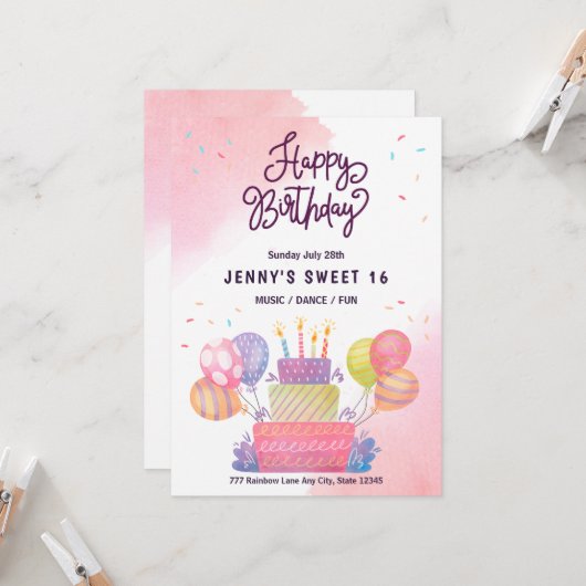 Invitation Balloons Roses Aquarelle Anniversaire 16 Ans  (Devant/Arrière en situation)