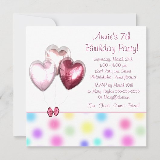 Invitation Balloons roses Filles 7e fête d'anniversaire (Devant)