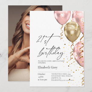 Invitation Balloons roses pastel et or pour 21e anniversaire
