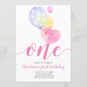 Invitation Balloons roses Premier Anniversaire De La Fille Un