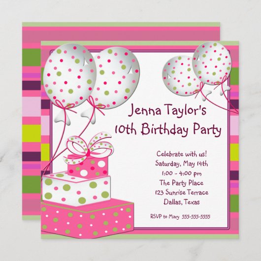 Invitation Balloons roses présente Filles Anniversaire (Devant / Derrière)