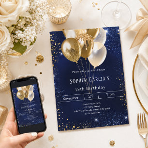 Invitation Balloons scintillants paillettes or bleu marine an