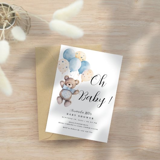 Invitation Balloons simples ours bébé bleu Baby Shower