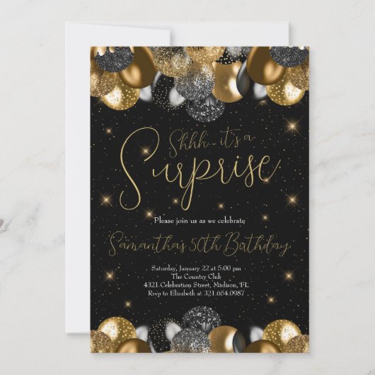 Invitation Balloons Surprise Anniversaire Black Gold Parties  (Devant)