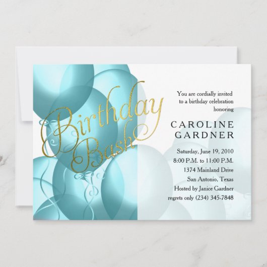 Invitation Balloons Turquoise Bash Anniversaire N'importe que (Devant)