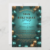 Invitation Balloons Turquoises et Gold chatoyants 50e anniver (Devant)