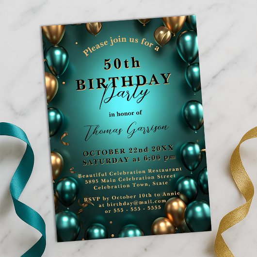 Invitation Balloons Turquoises et Gold chatoyants 50e anniver