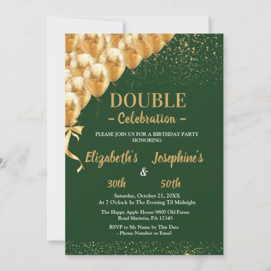 Invitation Balloons Vert Or parties scintillant double Annive (Devant)