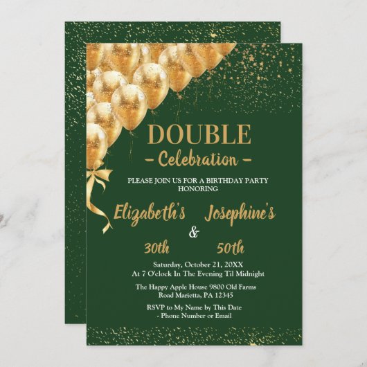 Invitation Balloons Vert Or parties scintillant double Annive (Devant / Derrière)
