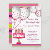Invitation Balloons verts roses Filles de gâteaux 4e fête d'a (Devant / Derrière)