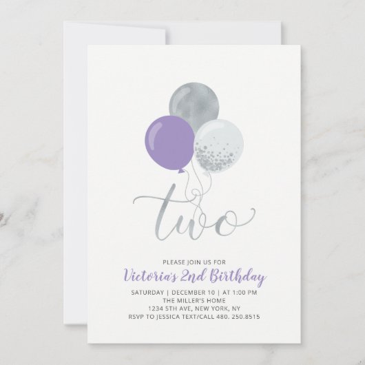 Invitation Balloons violet et argent Fille 2e fête d'annivers (Devant)