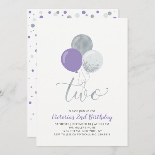 Invitation Balloons violet et argent Fille 2e fête d'annivers (Devant / Derrière)