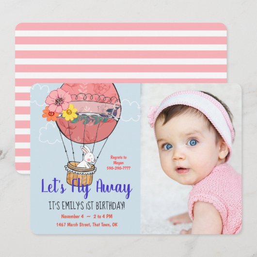 Invitation Ballotte à air chaud et lapin premier anniversaire (Devant / Derrière)