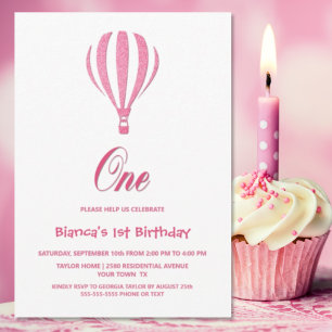 Invitation Ballotte à air chaud rose 1er anniversaire
