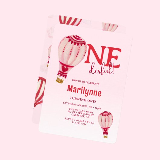 Invitation Ballotte à air chaud rose rouge 1er anniversaire