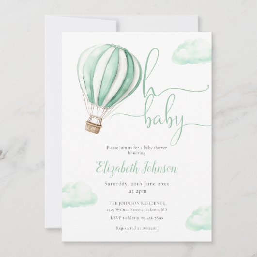 Invitation Ballotte à air chaud vert tout en un Baby shower (Devant)