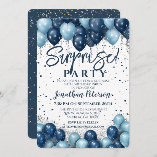 Invitation Ballotte bleu pour fête d'anniversaire surprise (Devant / Derrière)