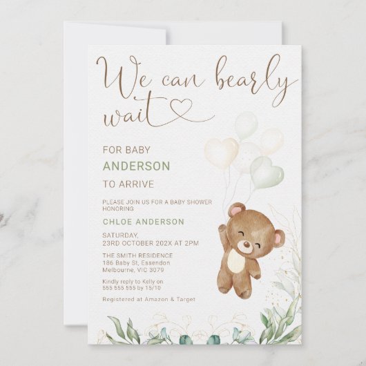Invitation Ballotte Brown verte Nous pouvons Bearly Wait Baby (Devant)