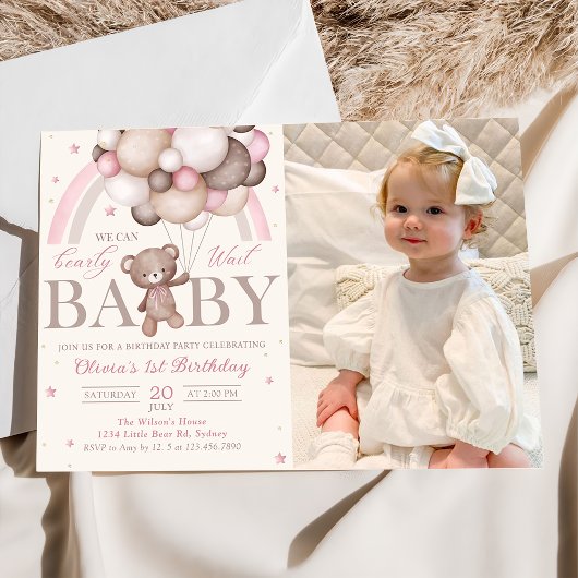 Invitation Ballotte d'ours en peluche rose arc-en-ciel photo