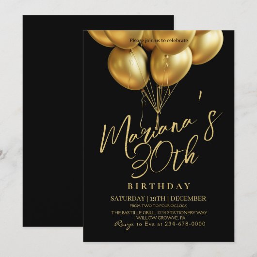 Invitation Ballotte noire et dorée fête d'anniversaire (Devant / Derrière)